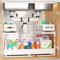 BLYLUND Under Sink Storage Kitchen Organiser 2 Tier Pull Out Cupboard Under Sinks Organisers with Slide-Out Drawers, Height Adjustable Shelf Storage for Kitchen Organization Drawer (White)