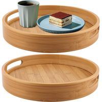 Lot de 2 Plateaux, Bambou Naturel, Poignées Ergonomiques, Diamètre 30 cm, Pour Petit Déjeuner Et Apéritif