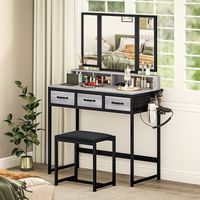 Coiffeuse avec miroir triptyque démontable, tabouret, 3 tiroirs en tissu, support pour sèche-cheveux gris
