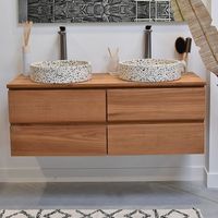 Meuble bas de salle de bain suspendu 4 tiroirs en teck massif 120 cm – Coulisses avec amortisseur intégré – Finition naturelle poncée – Wildwater