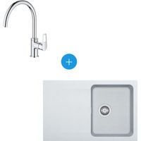Franke Kit fregadero empotrado Orion Tectonite, 780x500mm, Artic White + grifo monomando Grohe Bauloop, cuello de cisne, Cromo