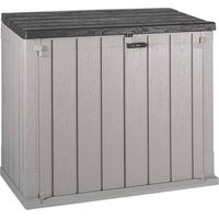 Toomax Stora Way Baule da 842L portattrezzi 129,5x74,5x111h cm effetto legno in plastica resistente, grigio talpa/antracite, porta bidoni spazzatura, con chiusura a chiavistello, ideale per il giardin