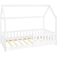 ML-Design Letto a Casetta per Bambini 80 x 160 cm Bianco, in Legno Massello, Struttura con Protezione Anticaduta, Tetto e Rete a Doghe, Lettino a Terra Montessori a Forma di Casa per Cameretta