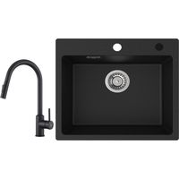 Cecipa Evier 1 Bac Quartz Noir 50x45cm Evier de Cuisine en Quartz Evier de Cuisine en Granit + Mitigeur de Cuisine avec Douchette Extractible Rotatif à 360 ° Noir