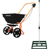 Set Nivelador de Césped Verde 50cm + Distribuidor Rotativo capac. de carga 25kg y ancho de distribución regulable (hasta 3m) Mango extensible Cobertor impermeable y guantes INCLUIDOS