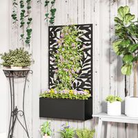 Fioriera rialzata con pannello decorativo in metallo a forma di foglia e possibilità di montaggio a parete, 61x23x113 cm, nera.