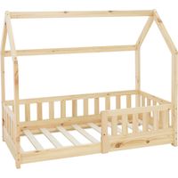 Ml-Design – Lit cabane enfant 70x140 cm en bois massif naturel – Protection antichute – Toit et sommier à lattes – Capacité 120 kg – Design scandinave