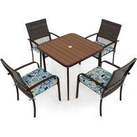 COSTWAY 5 Pieces Patio Dining Set 4 Cushioned Rattan Armchairs & Square Table