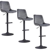 AINPECCA Velvet Grey Bar Stools Set of 3 Modern Swivel Height Adjustable Barstools with Black Metal, Armless Large Padded Cushion Breakfast Counter Chairs for Kitchen Island, Pub, Restaurant, Café