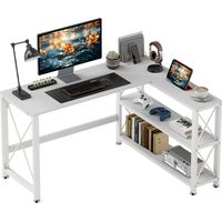 Bureau d'angle blanc réversible 135x110x75cm, modulable avec rangement, étagère et cadre métal