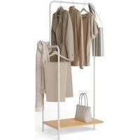 Newlux-Appendiabiti da Terra Resistente Fino a 18kg Hangy Wood 100 con Scarpiera. Attaccapanni da Terra Metallico con Binario Laterale Grande Stabilità Facile Montaggio 62x42x150cm Bianco