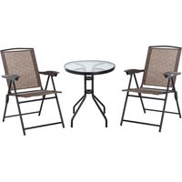 Outsunny Conjunto Mesa y 2 Sillas Muebles para Jardín Exterior Patio Terraza Silla Plegable Respaldo Reclinable a 4 Niveles Texteline Marco Acero Marrón