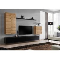 Ensemble mural - Switch XX - 1 vitrine LED - 1 banc TV - 1 étagère murale - Bois et noir - Modèle 1 - Livraison gratuite