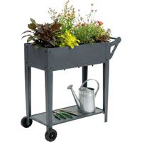 Raised Planter Box With Wheels And Storage Shelf