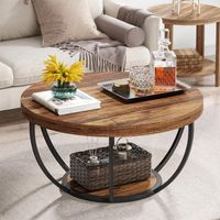 Tribesigns Round Coffee Table, Industrial 2-Tier Circle Coffee Table with Storage Shelves, Modern 31.7 Wooden Accent Center Table for Living Room, Home Office, Rustic Brown
