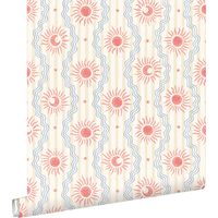 papier peint ornements au style rétro beige, bleu et rouge - ESTAhome