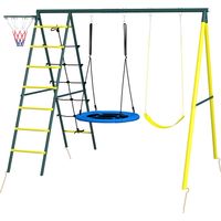Columpio Infantil 4 en 1 Nido e Individual Red Escalar Canasta Baloncesto Escalera Amarillo