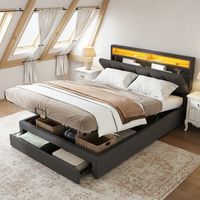 Doppelbett mit Stauraum 140x190, Polsterbett mit verstellbarem LED-Kopfteil - Große Schubladen, Stauraum, Leinenoptik, Grau