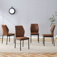 Ensemble de quatre chaises de salle à manger légères et luxueuses : dossiers en tissu technique marron à rayures verticales en relief, pieds en métal noir. Un design moderne, léger et luxueux, idéal p