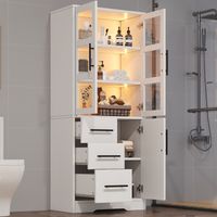 Meuble de salle de bain 72×35×170 cm avec éclairage LED – Double portes vitrées, 3 tiroirs et 2 placards – Étagères réglables, poignées noires – Blanc