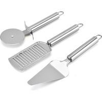 Set aus 3 Pizza-Utensilien aus Edelstahl: Pizzaschneider, Pizzaschieber und Käsereibe für Pizzen und Tartes