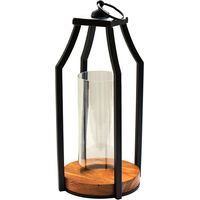 Felicity Circular Base Lantern - Glass/Metal - L14 x W14 x H30 cm - Black/Acacia Wood