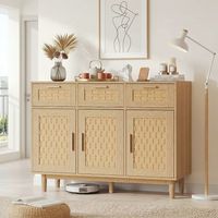 Lowboard Sideboard 115x40x80 cm mit 3 Schubladen und 2 Türen aus geflochtenem Bambus, Küchen- und Esszimmerschrank, zylindrische Füße - Natur