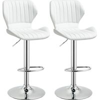 HOMCOM Juego de 2 Taburetes Altos de Cocina y Giratorio Taburetes Altos de Cuero Sintético con Respaldo y Estructura de Metal 47x51,5x92-114 cm Blanco