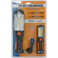 Baladeuse de chantier LED 280 lumens – Rechargeable, support magnétique – Autonomie 4-24h, corps ABS résistant – Blister de 2 pcs – Gigalux