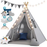 Tipi enfant 130x130x160 cm – Tente de jeu avec tapis de sol 120x120x2,5 cm – 3 coussins et guirlande lumineuse LED – Coton respirant – Spielwerk