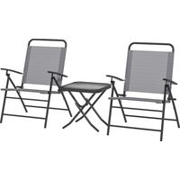 Set giardino tavolo vetro 2 sedie pieghevoli schienale regolabile grigio