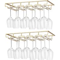 2 Pieces 5 Rows Hanging Stemware Holder Metal Wine Glass Rack Under Cabinet Installation, Gold