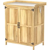 Abri de jardin double porte bois et inox avec plan de travail, abri à outils extérieur bois naturel