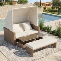 Salon de jardin en résine tressée, Canapé de jardin modulable avec pare-soleil rétractable, Lit de jardin convertible 2 à 4 personnes avec table réglable, Kaki