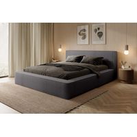 Lit coffre VELORA – Gris cendré bouclé – 140x200 cm – Tissu velours doux – Sommier relevable – Rangement intégré