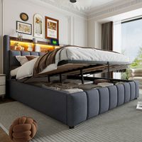 Lit double 180x200, lit coffre, avec LED et prise USB, tête de lit avec étagères et espace de rangement, mécanisme de levage hydraulique, lin, gris