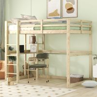 Cama alta 140x200 cm, cama doble infantil con 4 compartimentos de almacenaje y tablero de escritorio, estructura de pino, color madera, sin colchón