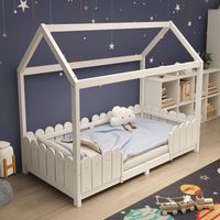 Lit cabane 90x200 cm, lit enfant 90x200 cm avec clôtures et sommier à lattes, lit cabane enfant en bois, blanc, sans matelas