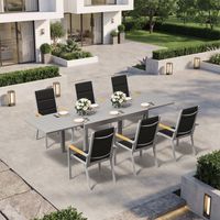 Ensemble Table Chaise Jardin 6 personnes,Table Jardin Chaise en Aluminium,6 Chaises Jardin Accoudoirs Imitation Bois et 1 Table Jardin Extensible,Imperméable, Antirouille,Tout Temps,Gris Clair