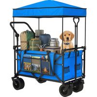 Carro de JardĂn Plegable con Ruedas Grandes Bloqueables Barra Ajustable Portavasos para Campaña 125x59x133 cm Azul