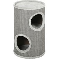 Tonne à griffer pour chat H.60 cm, Ø35 cm, deux étages avec deux niches, bord peluche gris clair, adaptée à 1-2 chats jusqu’à 5 kg