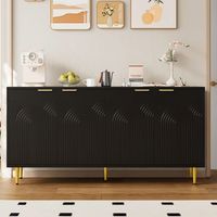 Kommode Sideboard Wohnzimmer 160x80x40 cm, 4-türige Anrichte Schwarz mit goldenen Griffen, Hochglanz-Beine, moderner Kommodenschrank mit Kippsicherung