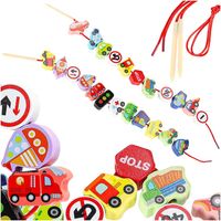 Wooden Threading Beads Set, Vehicles Road Signs, 25pcs