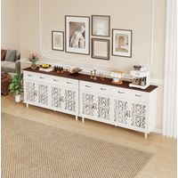 Credenza in truciolare bianco con 4 ante intagliate e 2 cassetti, ripiani regolabili