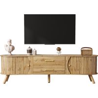 Meuble TV pois rainures verticales 2 portes coulissantes 2 tiroirs MDF pieds bois scandinave