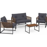 Niedrige Gartenmöbel RIO 4-Sitzer Metallstruktur anthrazitgrau, Rattan-Seil und graue Kissen
