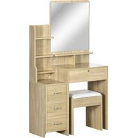 Tocador maquillaje 4 cajones 4 compartimientos espejo taburete moderne 80x38x143 cm naturel