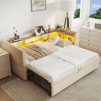Lit enfant 90/180x190 cm avec compartiments lumières LED recouvert de flanelle beige (Sans matelas)