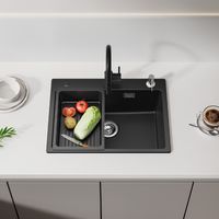 CECIPA Fregadero de cocina de granito 60x45, negro, con dispensador de jabón, negro, con escurridor, fregadero sobre encimera