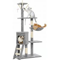 Torre per Gatti con Casetta, Trespolo, Piattaforme e 4 Topolini, in Legno, Peluche e Sisal, 60x35x134 cm, Grigio